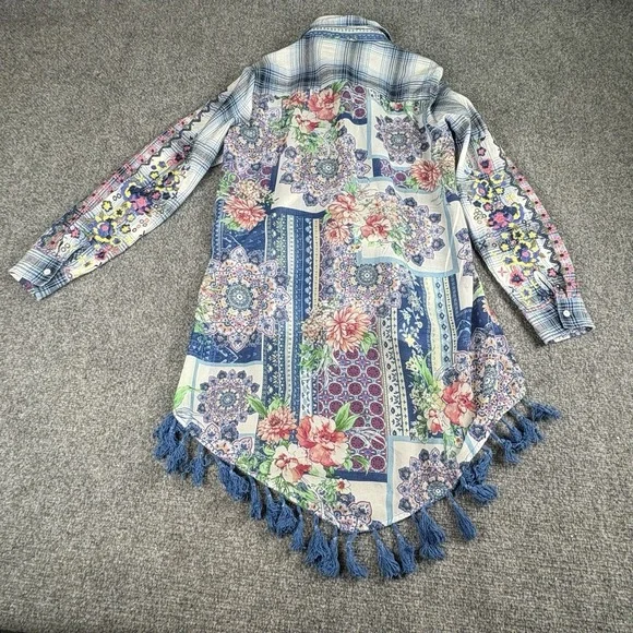 Andree by Unit Boho Tunic Top M Blue Plaid‎ Floral Embroidered Patchwork Tassels - Picture 9 of 14
